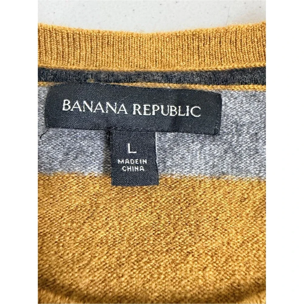Banana Republic Mens Bold Stripe Pullover Sweater Size L Yellow Gray Merino Wool